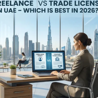 Woman at a modern office desk viewing a laptop that shows 'Freelance Permit vs Company Trade License' over a Dubai skyline; article header visible above.