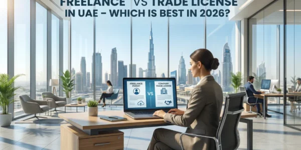 Woman at a modern office desk viewing a laptop that shows 'Freelance Permit vs Company Trade License' over a Dubai skyline; article header visible above.