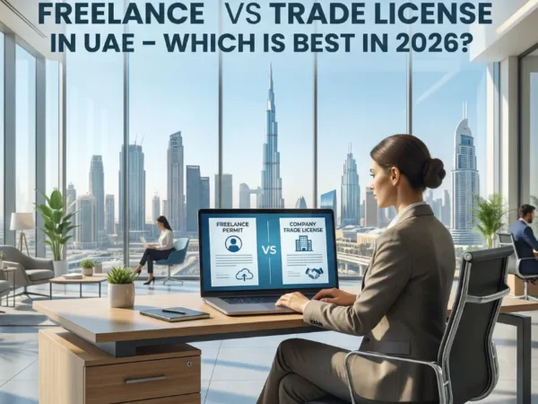 Woman at a modern office desk viewing a laptop that shows 'Freelance Permit vs Company Trade License' over a Dubai skyline; article header visible above.