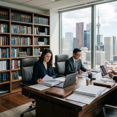 Three professionals sit around a large desk in a modern office, reviewing documents with laptops, against a city skyline and a Canadian flag nearby.
