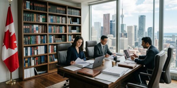 Three professionals sit around a large desk in a modern office, reviewing documents with laptops, against a city skyline and a Canadian flag nearby.