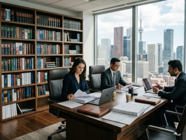 Three professionals sit around a large desk in a modern office, reviewing documents with laptops, against a city skyline and a Canadian flag nearby.
